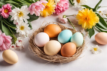Spring Easter holiday. Background with eggs in nests and spring flowers. Greeting card background with copy space. Generative Ai