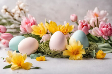 Fototapeta na wymiar Spring Easter holiday. Background with eggs in nests and spring flowers. Greeting card background with copy space. Generative Ai