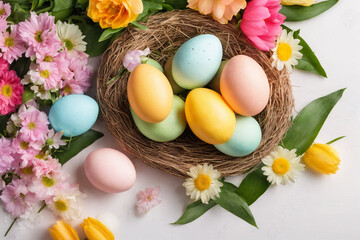 Spring Easter holiday top view. Flat lay background with eggs in nests and spring flowers. Greeting card background with copy space. Generative Ai