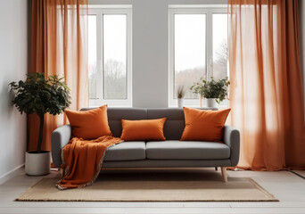 Fototapeta premium Modern Living Room: Cozy Sofa, Orange Cushions, and Scandinavian Style.