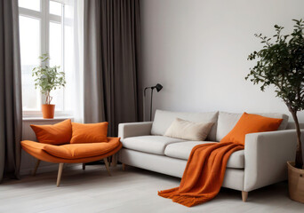 Modern Living Room: Cozy Sofa, Orange Cushions, and Scandinavian Style.