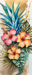 Obraz premium Tropical Alcohol Ink Painting Washed Colors Watercolor Artwork Colourful Wall Art Design