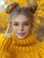 Optymizm w Żółtym. Zdjęcie dziewczyny w okularach o żółtej oprawie i golfie, z uniesionym palcem wskazującym, symbolizuje optymizm i pozytywne podejście do życia. - obrazy, fototapety, plakaty