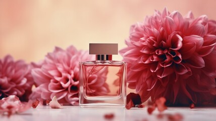 Exquisite Combination: Petite Perfume Bottle Accompanied by Enchanting Blooms - AI Generative - obrazy, fototapety, plakaty