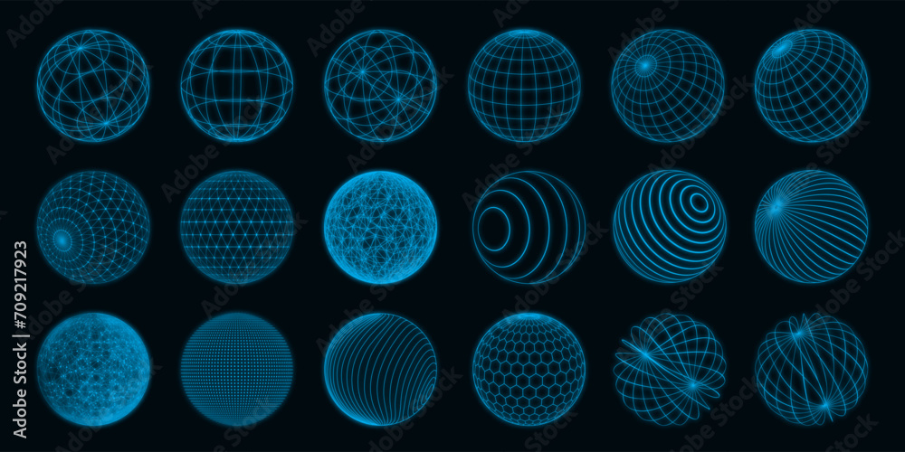 Poster Abstract shapes. 3D line grid design spheres with dot particles. Technology globe figure elements. Neon blue. Concentric circles. Geometric icon. Latitude stripe. Vector round forms set