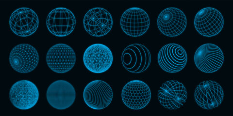 Abstract shapes. 3D line grid design spheres with dot particles. Technology globe figure elements. Neon blue. Concentric circles. Geometric icon. Latitude stripe. Vector round forms set