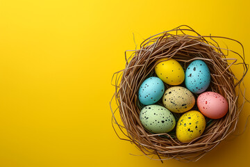 Colorful Easter eggs. Painted easter eggs on a bright yellow background. Stylish background with colorful easter eggs isolated on yellow background Flat lay, top view, mockup, overhead, template