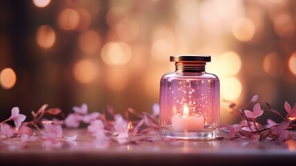 Exquisite Fragrance Ensemble: A Petite Bottle of Perfume Accompanied by Enchanting Blooms - AI Generative