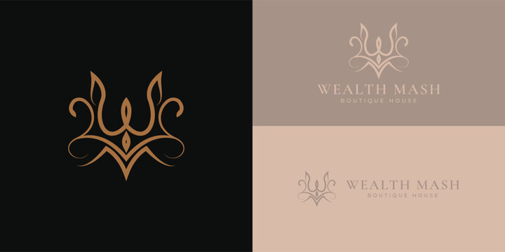Abstract initial letter WM or MW logo in gold crown color isolated in black background applied for boutique fitness studio logo also suitable for the brands or companies have initial name MW or WM.