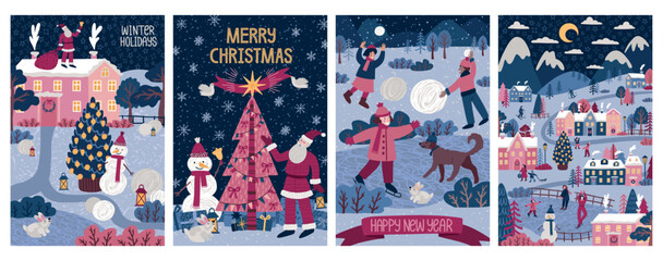 Christmas cards. Happy new year winter tree and Santa on children snow village landscape, merry Xmas. cartoon flat isolated illustration, holidays banners or posters set, vector backgrounds
