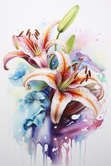 colorful ink wash painting on a white background of a lilly created with Generative Ai