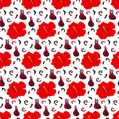 Seamless Hibiscus pattern. Dry and fresh hibiscus flowers. Hibiscus tea, dried and fresh flowers. Repeated Vector illustration of drink in simple cartoon flat style for wallpaper, textile, wrapping.