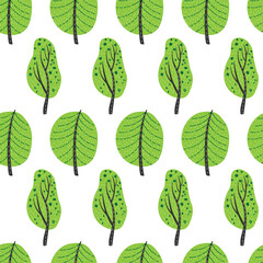 Seamless tree pattern. Doodle design Repeated background for wallpaper, wrapping, packing. Seamless background simple forest tree baby pattern. Forest colored sketch hand drawn pattern.