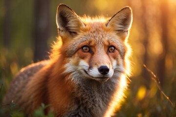 Beautiful close-up portrait of a fox in the forest at sunset in the grass. - 709219177