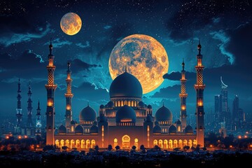 Naklejka premium Ramadhan Kareem Splendor Lanterns and Mosque Background in Light Navy and Gold