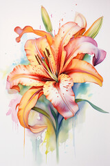 colorful ink wash painting on a white background of a lilly created with Generative Ai