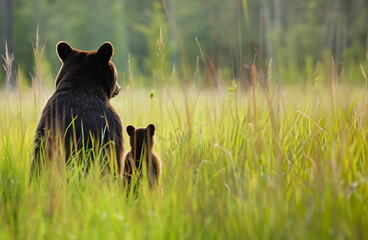 Back view of bear mother and bear cub sitting in high grass. Wildlife background. Mother bear sitting upright looking at something. Concept for family union. Black bear or grizzly. Selective focus. 