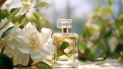 Obraz na płótnie Canvas Exquisite Fusion: Petite Perfume Bottle Accompanied by Enchanting Flowers - AI Generative