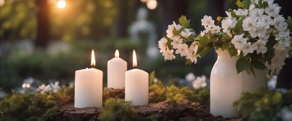 Fototapeta na wymiar beautiful flowering tree in spring with burning white candles decoration on blurred garden background