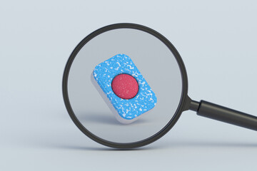 Dishwasher tablet behind magnifying glass. 3d render