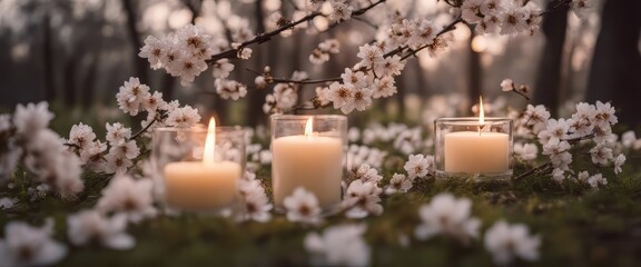 beautiful flowering tree in spring with burning white candles decoration on blurred garden background