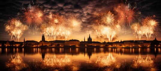 Fototapeta na wymiar Spectacular display of vibrant fireworks illuminating a festive new year celebration background