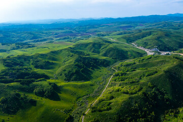 Fototapeta na wymiar Drone view on forested mountain peaks, beautiful valleys, wildlife of Kazakhastan