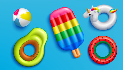 Pool floats. 3D summer beach inflatable ball. Water swim tube and fruit. Top view. Sea ring and donut. Inflated ice cream. Watermelon and avocado shapes. Vector render elements set