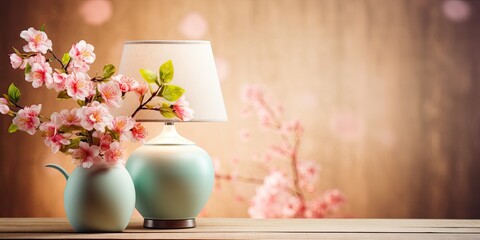 Fototapeta na wymiar Retro lamp on wooden table with pastel flowers background, ideal for living room interior.