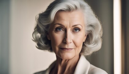 Fototapeta premium Beautiful gorgeous 50s mid aged mature woman looking at camera isolated on white. Mature old lady