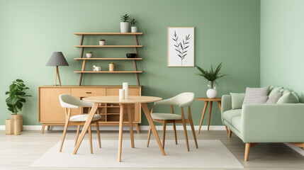 Scandinavian home interior design of modern living room. chairs at round wooden dining table in room with sofa and cabinet near green wall. Scandinavian, mid-century home interior design of modern 