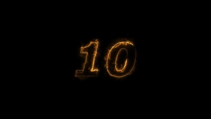 Abstract orange neon light countdown number ten illustration. Black background UHD 4k illustration.