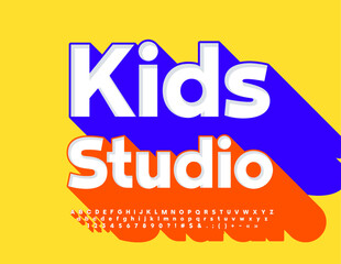 Vector bright banner Kids Studio. trendy isometric Font. White Alphabet Letters, Numbers and Symbols set with Orange Shadow.