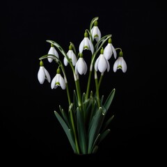 Fototapeta premium Spring snowdrops in glass with water on black background. Beautiful first spring flowers, close up