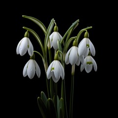 Fototapeta premium Spring snowdrops in glass with water on black background. Beautiful first spring flowers, close up