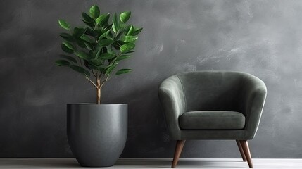 Part of the interior in a minimalist style against the background of a dark gray concrete wall. Dark grey armchair and a big house plant in a big vase in modern home decoration.