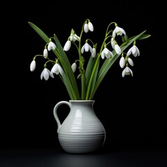 Spring snowdrops in glass with water on black background. Beautiful first spring flowers, close up