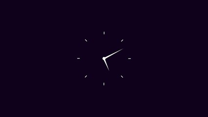 Abstract white clock icon Countdown 24 Hour Day Fast Speed. Dark purple background clock timer rotation 360 4k illustration.	