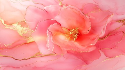 AI generated illustration of an alcohol ink painting featuring a pink flower with gold accents