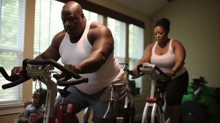 African American middle aged couple during a cycling workout in a gym. Training on exercise bikes in small groups under the guidance of an experienced trainer. Workout together.
