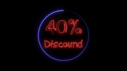  Abstract red color 40% Discount glowing neon light Text illustration. Purple circle black background 4k neon sign illustration.