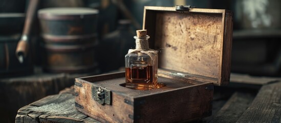 Stylish illegal production of alcoholic drink in wooden box with cork, advertised for exclusive men's club gift.