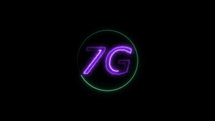Abstract neon light purple color 7G text. Turquoise circle black background 4k illustration.