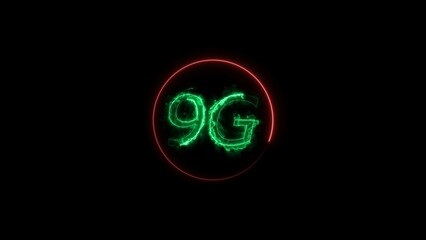 Abstract neon light green color 9G text illustration. Red circle black background 4k illustration.