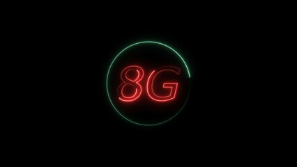 Abstract neon light red color 8G text illustration. Turquoise circle black background 4k illustration.