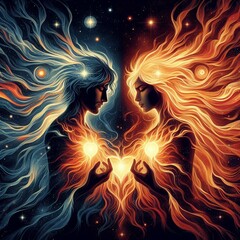 Twin flame couple. Soulmates. The concept of magical, esoteric, tantric, spiritual love. Connection between souls. Illustration for websites and much more. Created using generative ai tools.