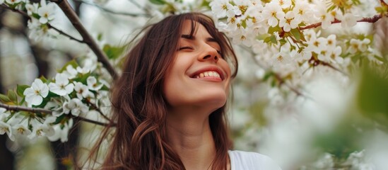 Fototapeta premium Joyful woman relishing floral scent in spring garden.