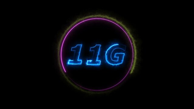 Abstract neon light royal blue color 11G text illustration. Turquoise and magenta circle black background 4k illustration.