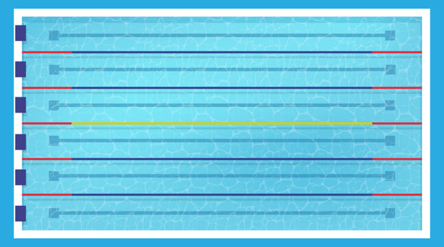 Swimming pool. Blue water lane for competition. Top view. Summer sport or fitness. Blue line and graphic splashes. Aquatic athletic exercises. Swimmers championship. Vector background