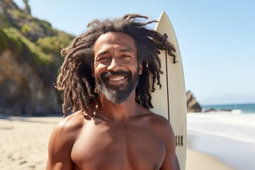 Mature adult surfer standing on the beach with a surfboard in the background